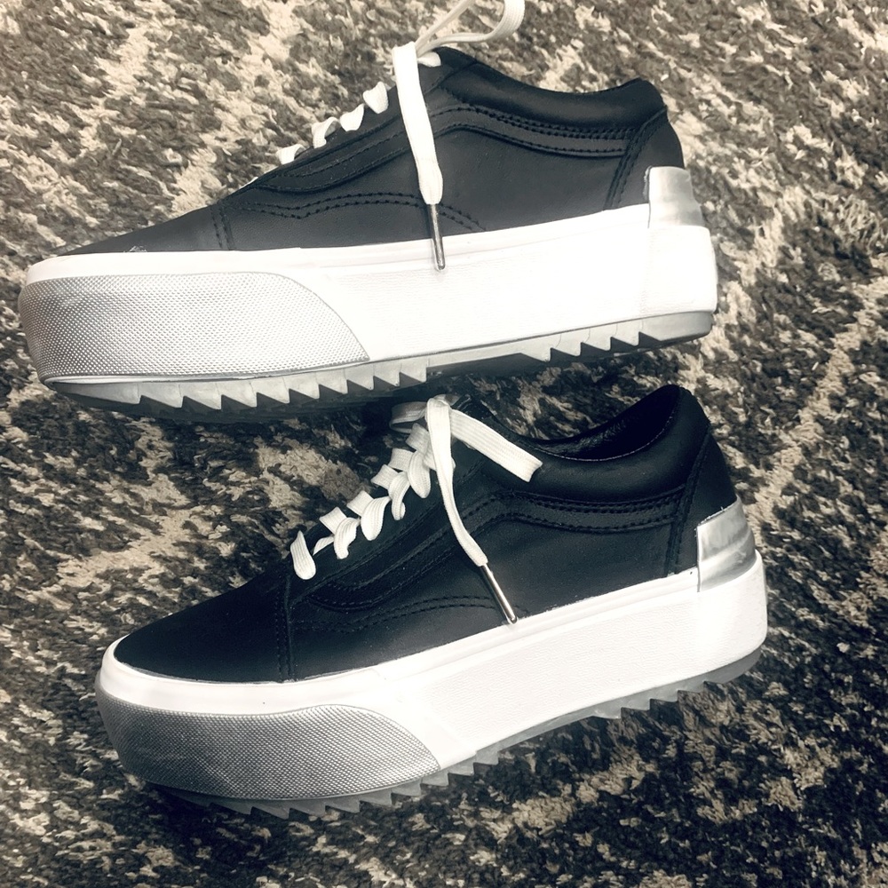 Vans Old Skool Stacked Shiny Black/White/Silver size 6.5 worn once inside!